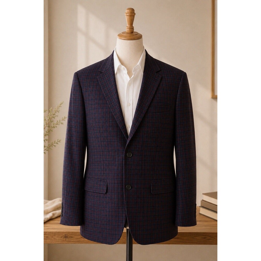 Alan Flusser Sport Coat Mens 40R Navy Burgundy Windowpane Plaid Wool Blazer